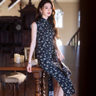 Beth and Brian Qipao-JLM Sleeveless, floral patten, navy blue midi Cheongsam