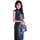 Beth and Brian Qipao-JLM Sleeveless, floral patten, navy blue midi Cheongsam