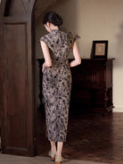 Beth and Brian Qipao-JLM Flocking fabric, floral pattern, grey midi Cheongsam