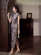Beth and Brian Qipao-JLM Flocking fabric, floral pattern, grey midi Cheongsam