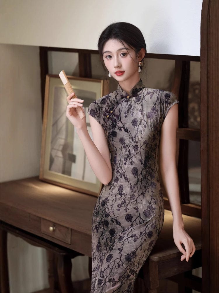 Beth and Brian Qipao-JLM Flocking fabric, floral pattern, grey midi Cheongsam