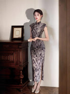 Beth and Brian Qipao-JLM Flocking fabric, floral pattern, grey midi Cheongsam