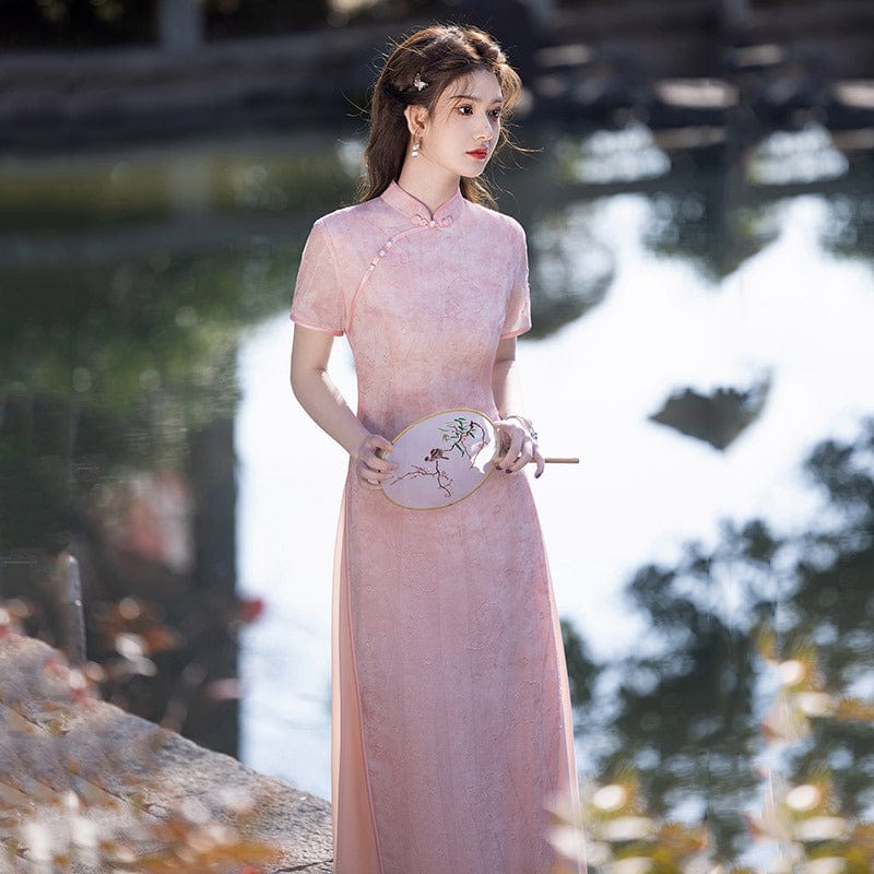 Beth and Brian Qipao-ZQYS Floral pattern, pink midi Ao dai