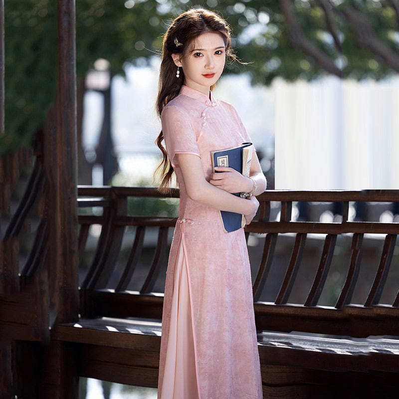Beth and Brian Qipao-ZQYS Floral pattern, pink midi Ao dai