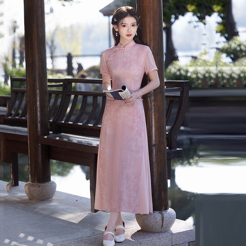 Beth and Brian Qipao-ZQYS Floral pattern, pink midi Ao dai