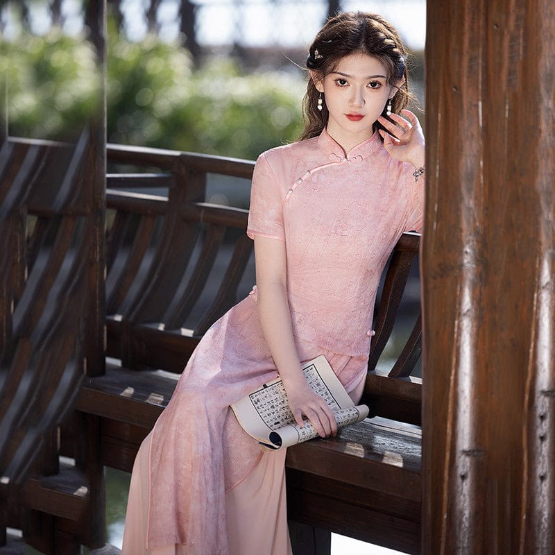 Beth and Brian Qipao-ZQYS Floral pattern, pink midi Ao dai