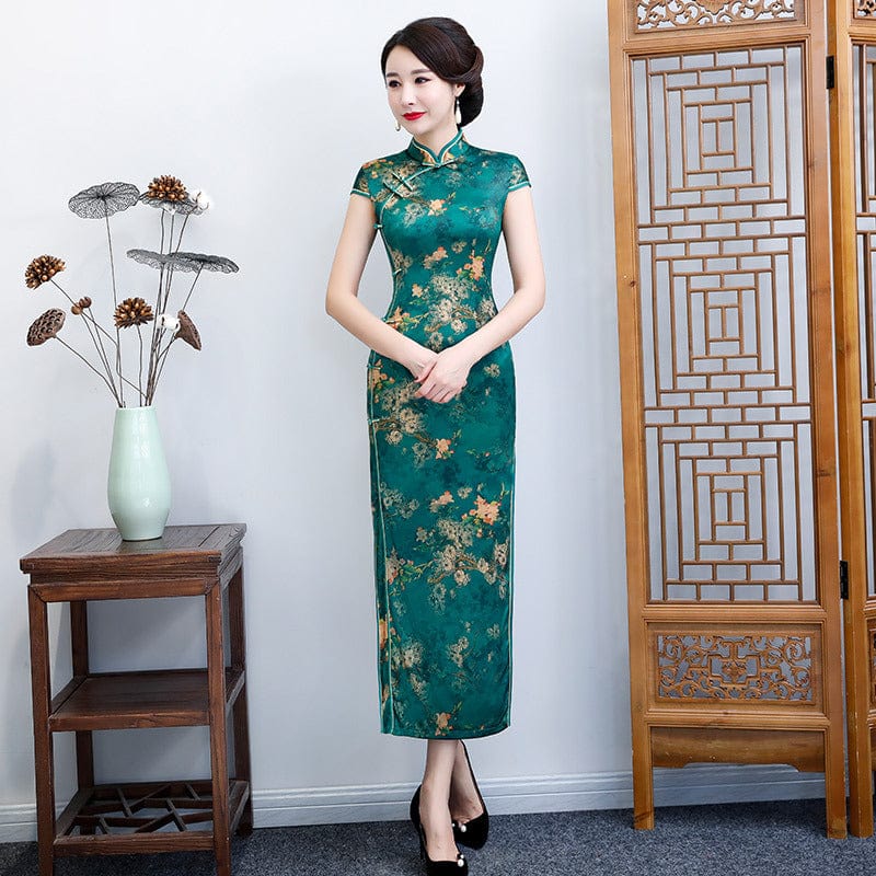 Beth and Brian Qipao-ZQYS Floral pattern, plus size, blue&green long Cheongsam