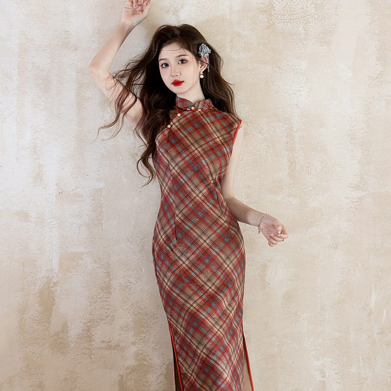 Beth and Brian Qipao-ZQYS New Chinese style (新中式), plaid pattern, sleeveless midi Cheongsam