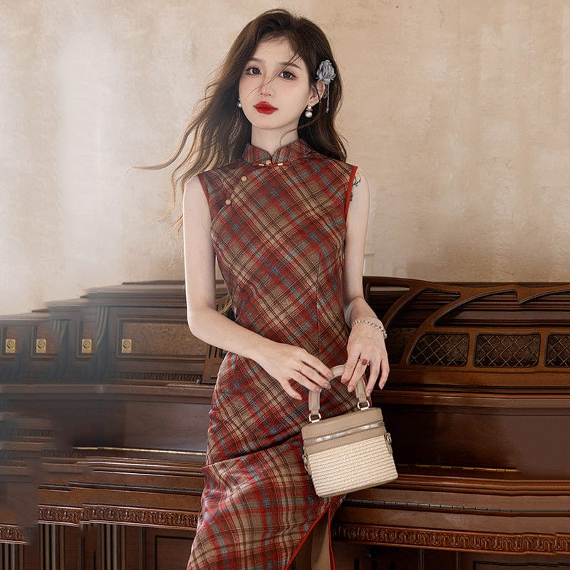 Beth and Brian Qipao-ZQYS New Chinese style (新中式), plaid pattern, sleeveless midi Cheongsam