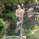 Beth and Brian Qipao-SZZM Thousand Miles of Mountains and Rivers pattern, brown long Cheongsam