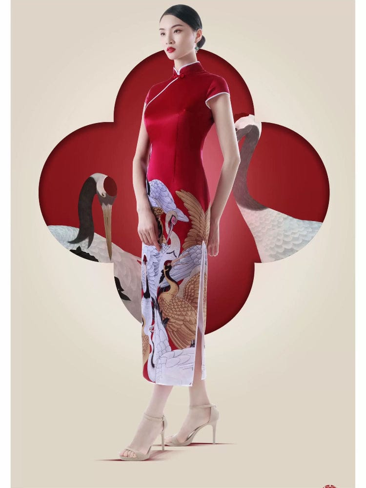 Beth and Brian Qipao-CYC Crane pattern, red long Cheongsam for mother