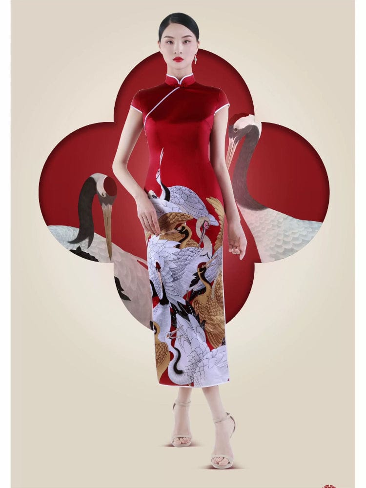 Beth and Brian Qipao-CYC Crane pattern, red long Cheongsam for mother