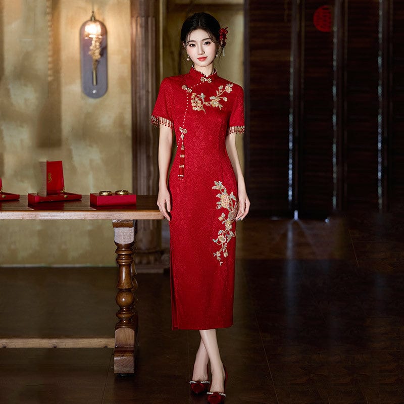 Beth and Brian Qipao-ZQYS Floral embroidery, jacquard and knitting fabric, wedding midi Cheongsam