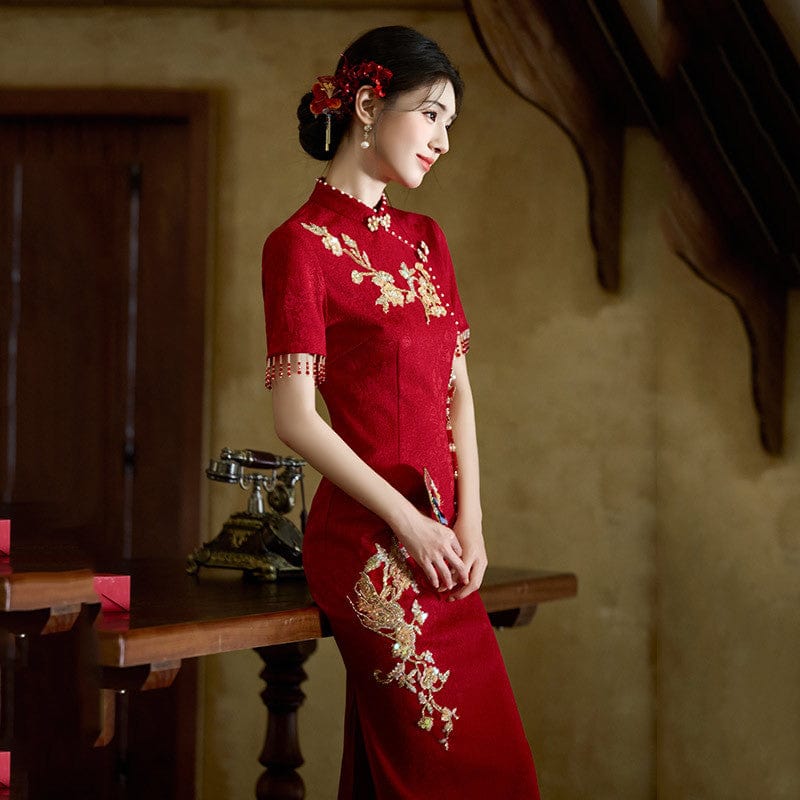 Beth and Brian Qipao-ZQYS Floral embroidery, jacquard and knitting fabric, wedding midi Cheongsam