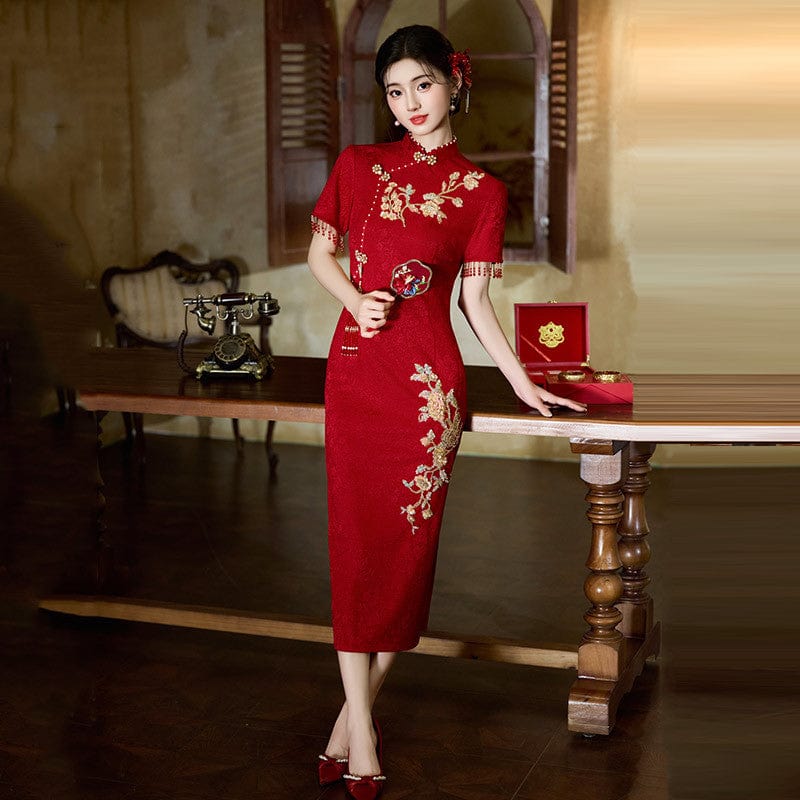 Beth and Brian Qipao-ZQYS Floral embroidery, jacquard and knitting fabric, wedding midi Cheongsam