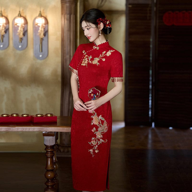 Beth and Brian Qipao-ZQYS Floral embroidery, jacquard and knitting fabric, wedding midi Cheongsam