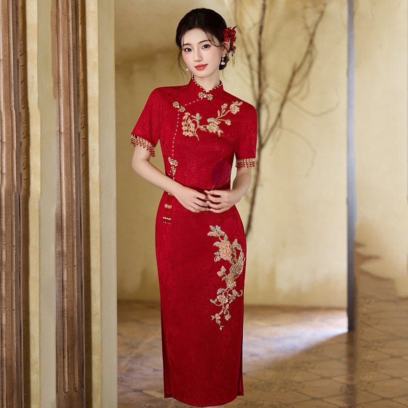Beth and Brian Qipao-ZQYS Floral embroidery, jacquard and knitting fabric, wedding midi Cheongsam
