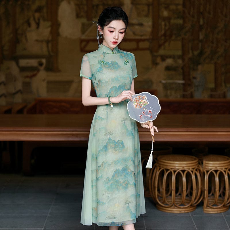 Beth and Brian Qipao-ZQYS Thousand Miles of Mountains, green long Ao dai