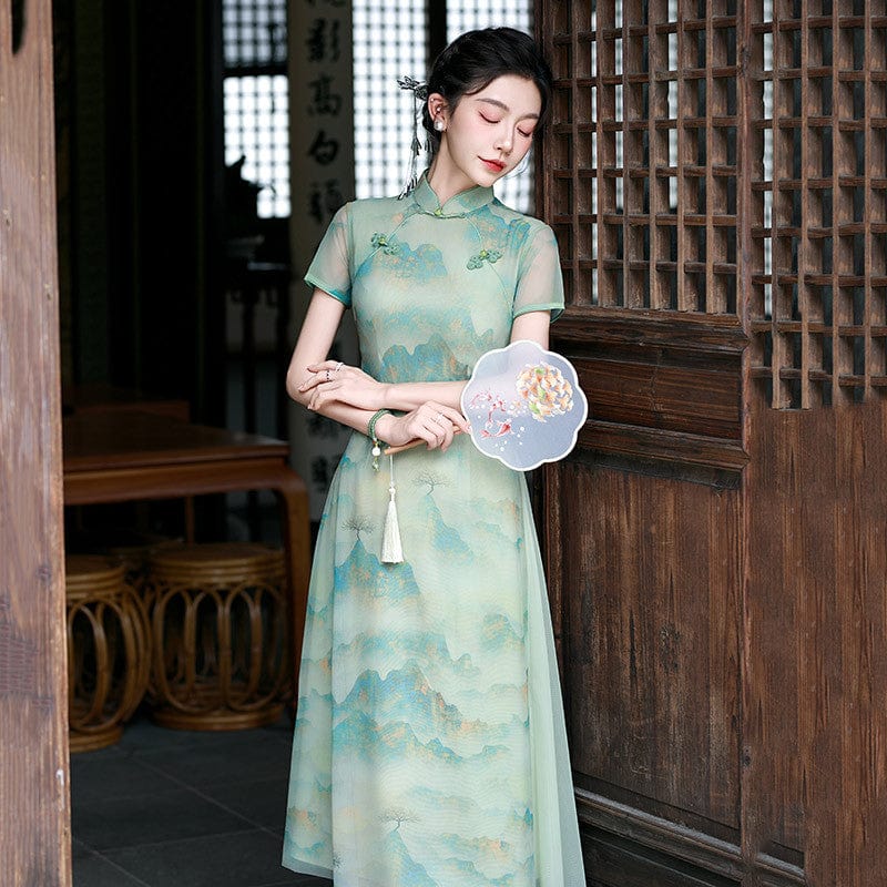 Beth and Brian Qipao-ZQYS Thousand Miles of Mountains, green long Ao dai