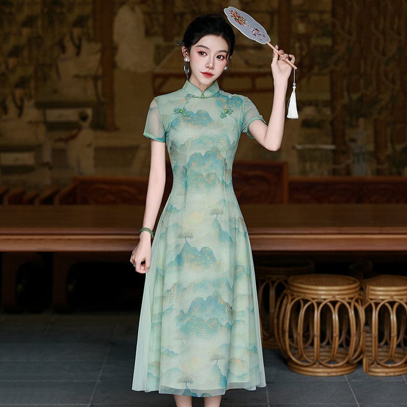 Beth and Brian Qipao-ZQYS Thousand Miles of Mountains, green long Ao dai