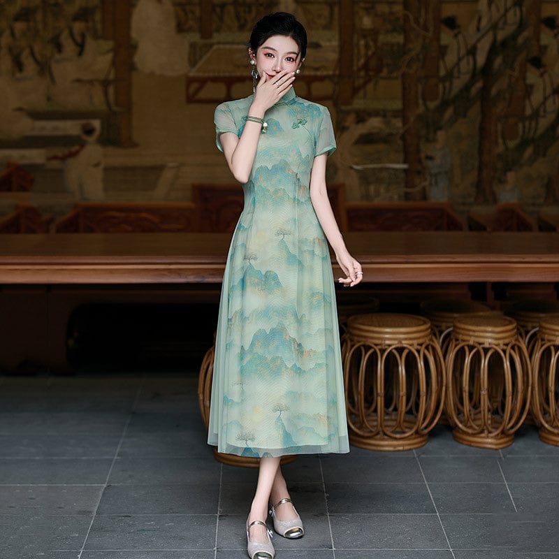 Beth and Brian Qipao-ZQYS Thousand Miles of Mountains, green long Ao dai
