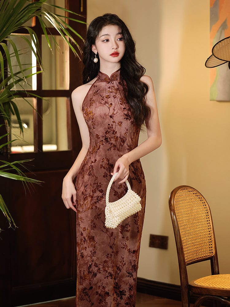 Beth and Brian Qipao-LSB Flocking fabric, floral midi Cheongsam
