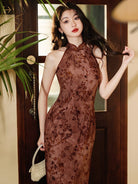 Beth and Brian Qipao-LSB Flocking fabric, floral midi Cheongsam
