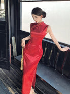 Beth and Brian Qipao-LSB Sleeveless, New Chinese style(新中式), red long Cheongsam