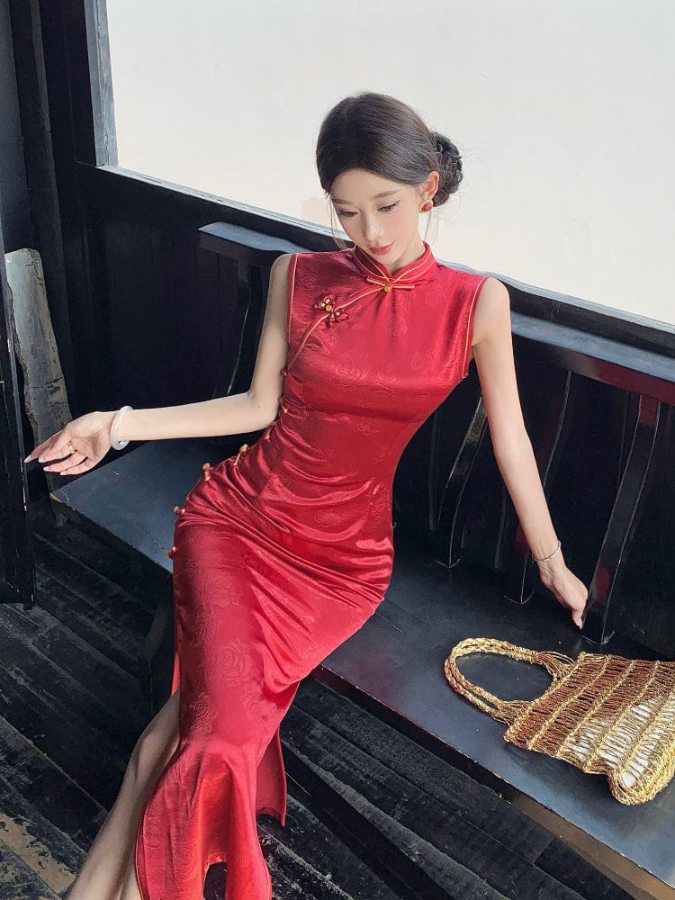 Beth and Brian Qipao-LSB Sleeveless, New Chinese style(新中式), red long Cheongsam