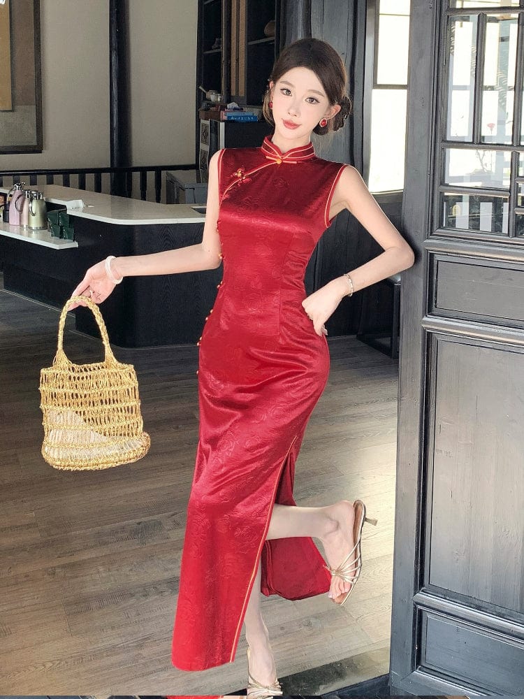 Beth and Brian Qipao-LSB Sleeveless, New Chinese style(新中式), red long Cheongsam