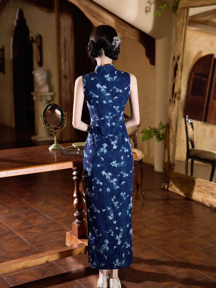 Beth and Brian Qipao-JLM New Chinese style (新中式), butterfly pattern, blue midi Cheongsam