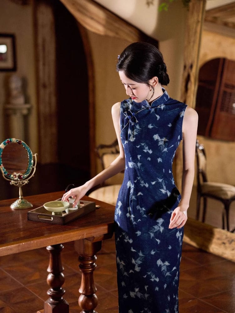 Beth and Brian Qipao-JLM New Chinese style (新中式), butterfly pattern, blue midi Cheongsam