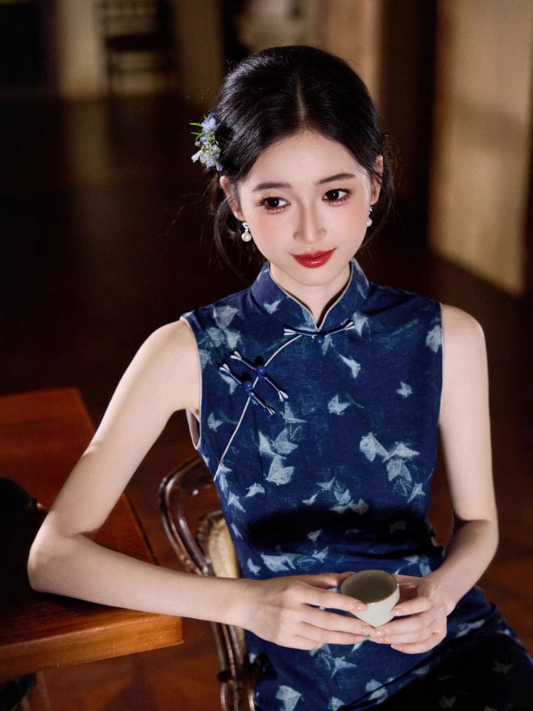 Beth and Brian Qipao-JLM New Chinese style (新中式), butterfly pattern, blue midi Cheongsam