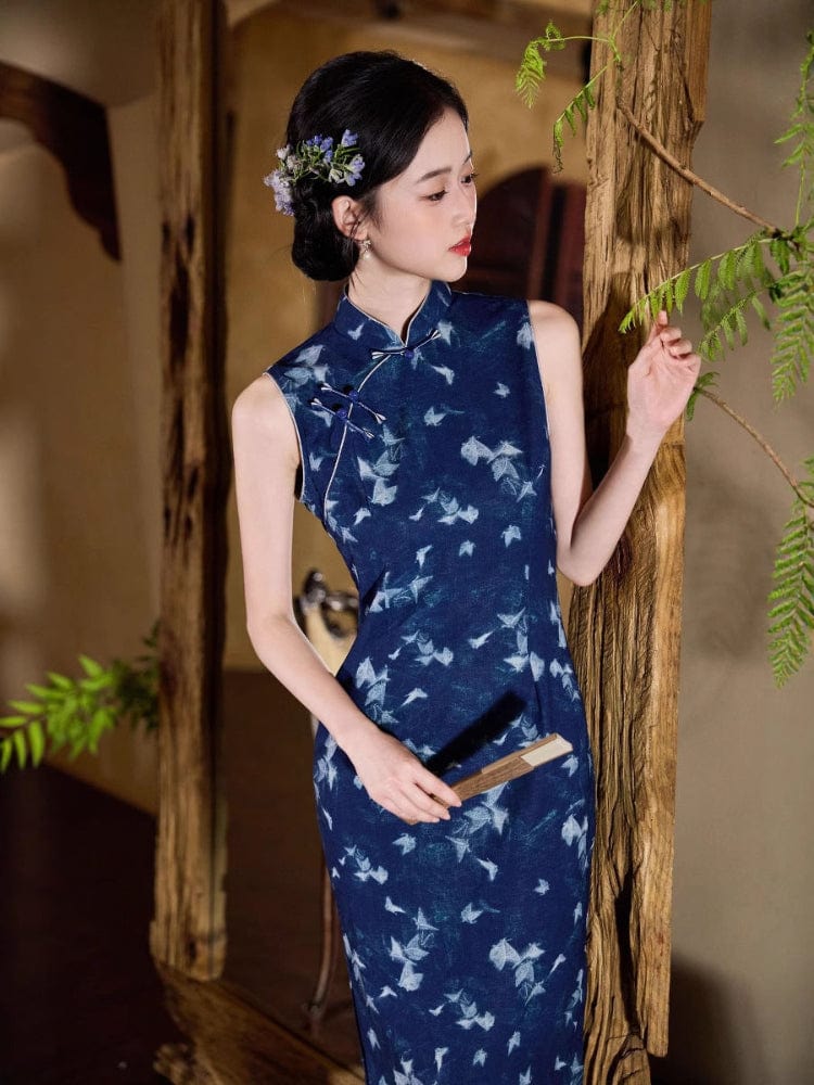 Beth and Brian Qipao-JLM New Chinese style (新中式), butterfly pattern, blue midi Cheongsam