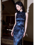 Beth and Brian Qipao-LSB New Chinese style (新中式), butterfly pattern, blue long Cheongsam