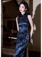 Beth and Brian Qipao-LSB New Chinese style (新中式), butterfly pattern, blue long Cheongsam