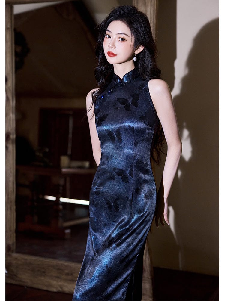 Beth and Brian Qipao-LSB New Chinese style (新中式), butterfly pattern, blue long Cheongsam