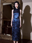 Beth and Brian Qipao-LSB New Chinese style (新中式), butterfly pattern, blue long Cheongsam