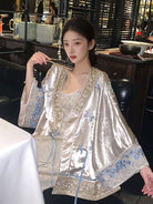 Beth and Brian Qipao-CJ Loose-Fitting Diagonal Front Qipao Coat, light blue Qipao Top with flared sleeves