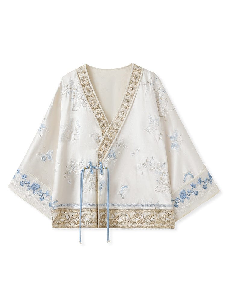 Beth and Brian Qipao-CJ Loose-Fitting Diagonal Front Qipao Coat, light blue Qipao Top with flared sleeves