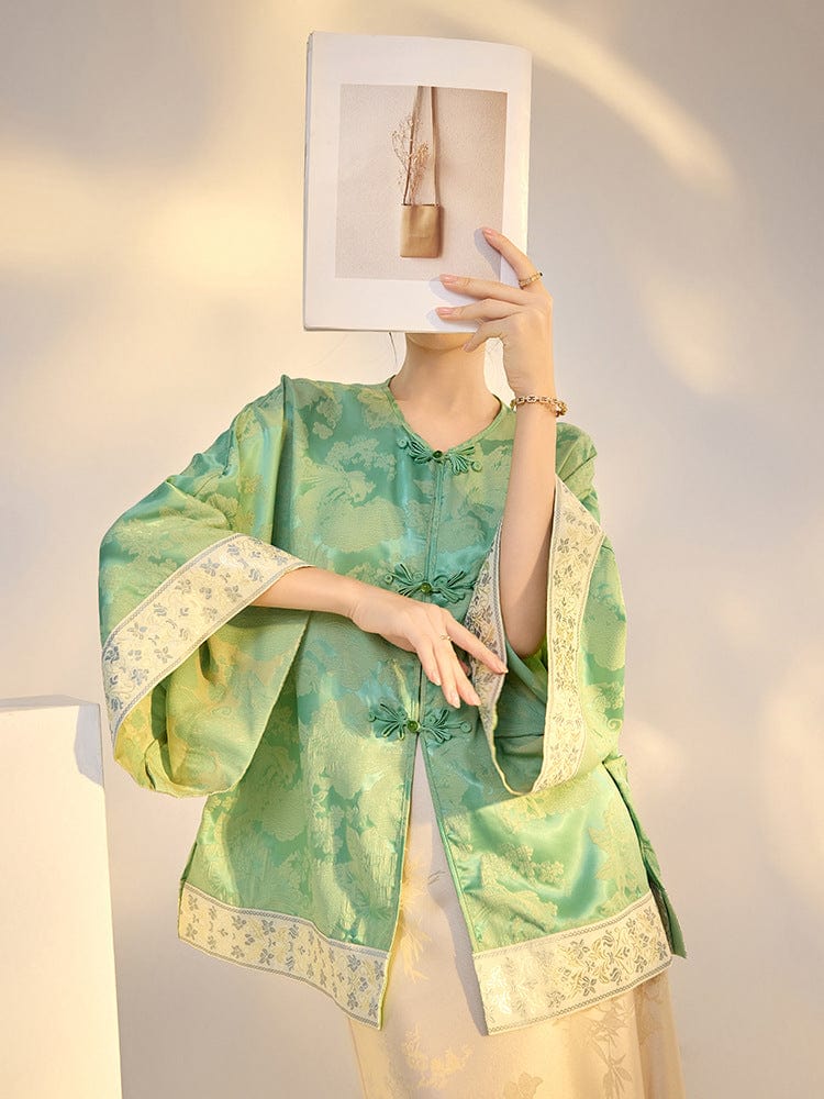 Beth and Brian Qipao-SS Loose-Fitting, green Qipao Top with flared sleeves