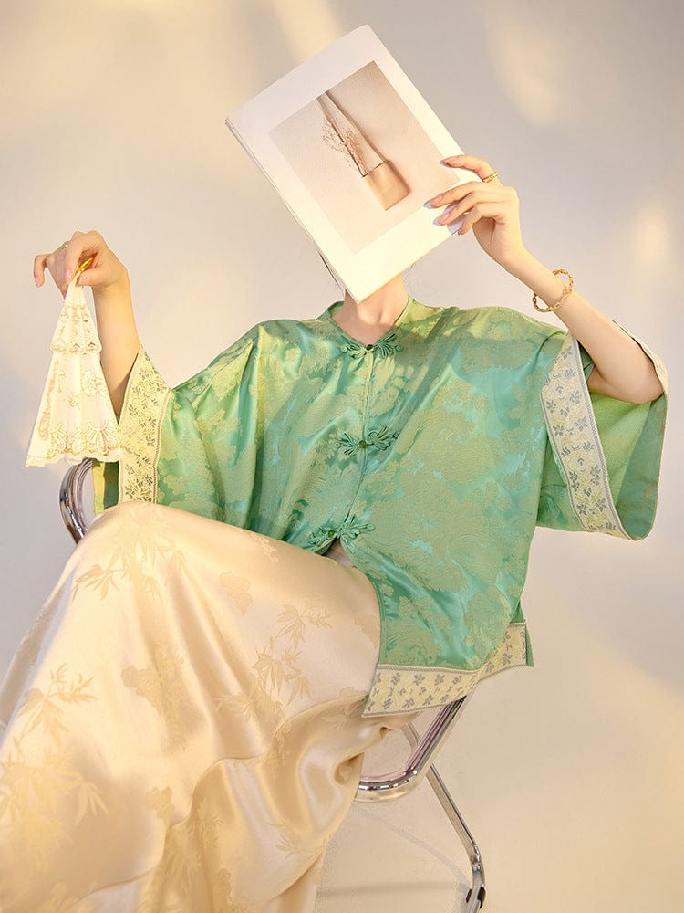 Beth and Brian Qipao-SS Loose-Fitting, green Qipao Top with flared sleeves