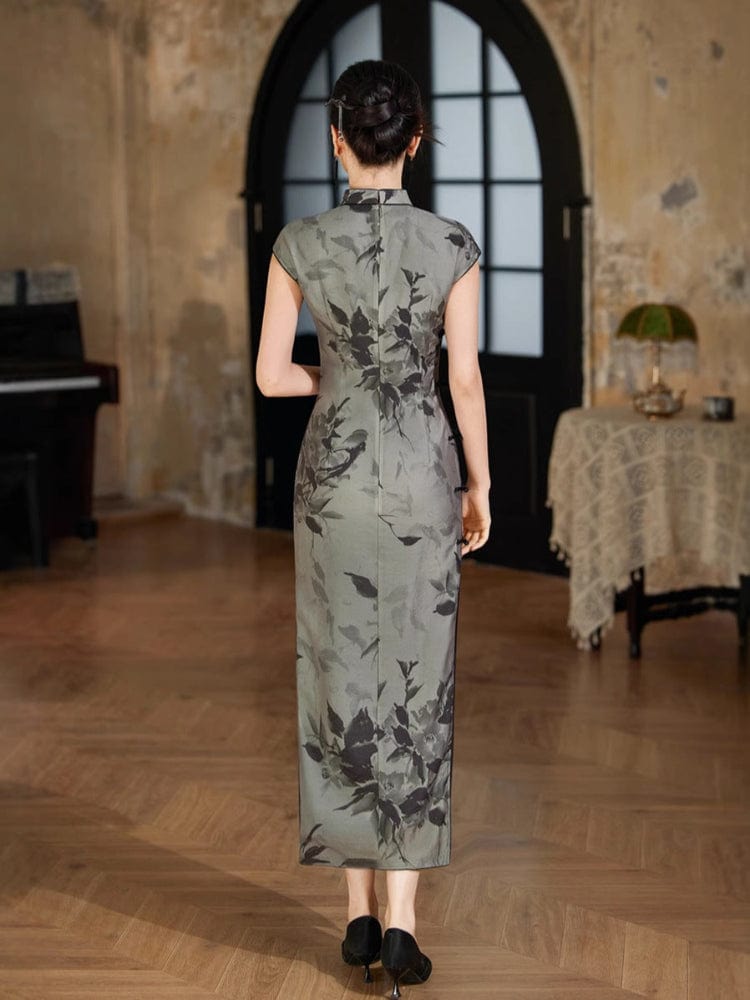 Beth and Brian Qipao-JD Tencel fabric, grey long Cheongsam