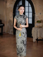 Beth and Brian Qipao-JD Tencel fabric, grey long Cheongsam