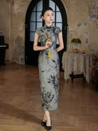Beth and Brian Qipao-JD Tencel fabric, grey long Cheongsam