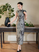 Beth and Brian Qipao-JD Tencel fabric, grey long Cheongsam