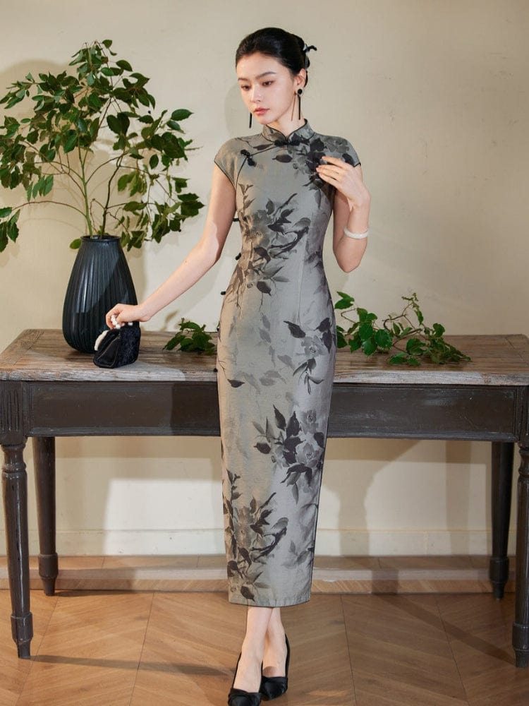 Beth and Brian Qipao-JD Tencel fabric, grey long Cheongsam
