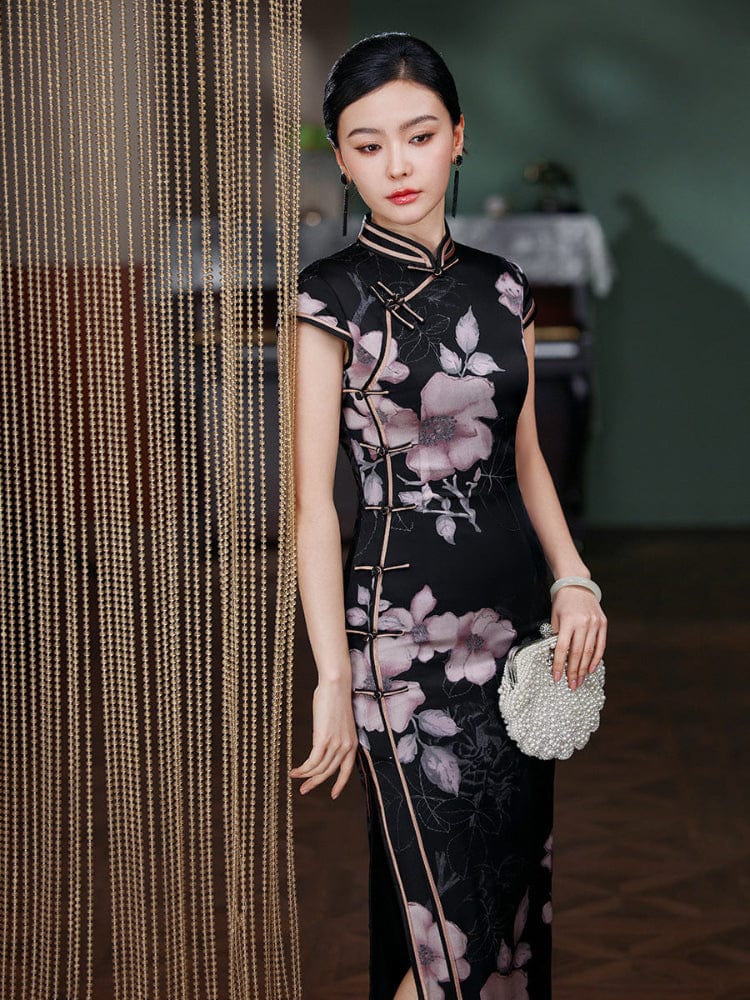 Beth and Brian Qipao-JD 19 mome mulberry silk, floral pattern, high-end black long Cheongsam