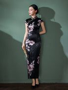 Beth and Brian Qipao-JD 19 mome mulberry silk, floral pattern, high-end black long Cheongsam