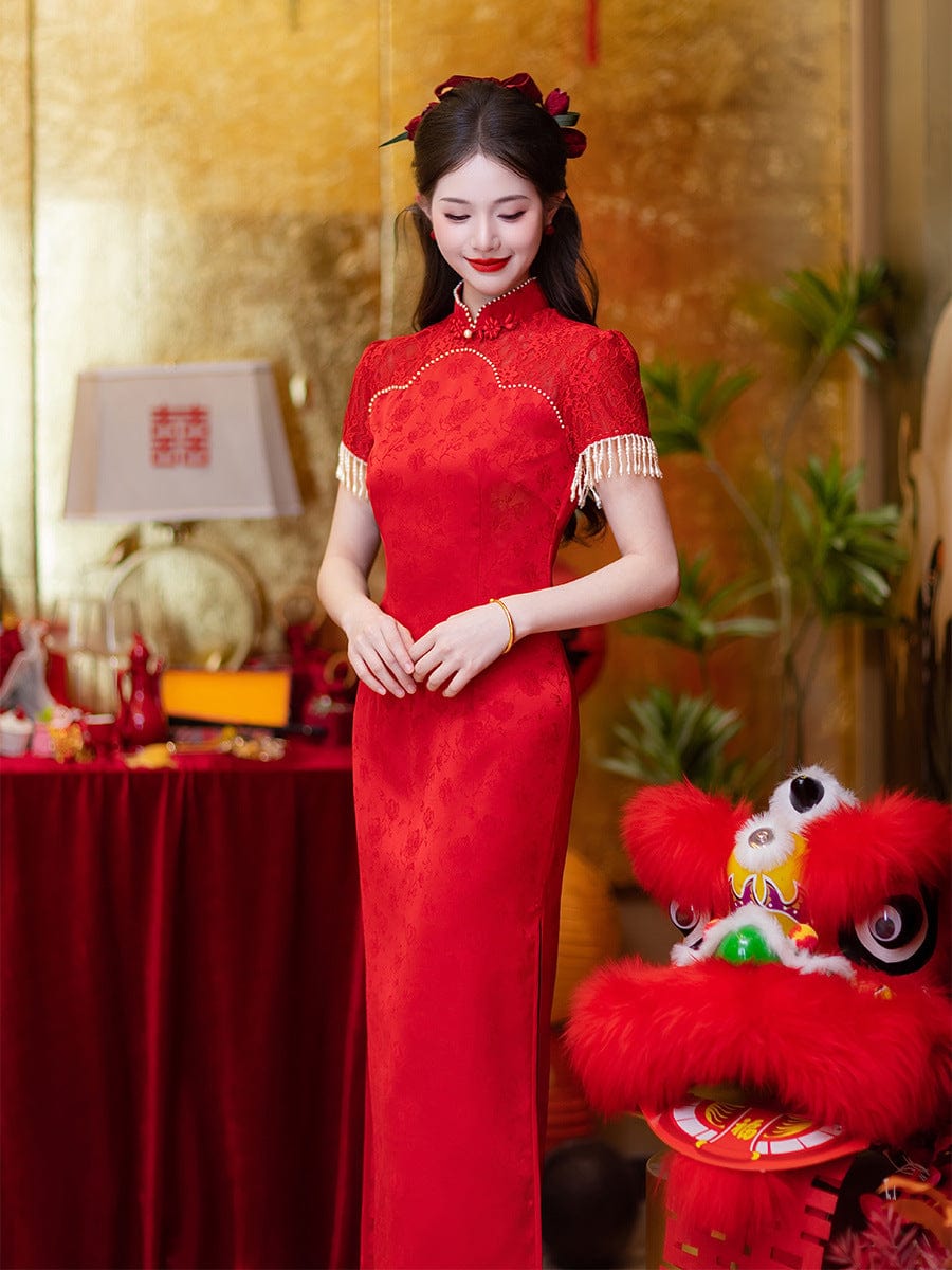 Beth and Brian Qipao-LSB Floral pattern, jacquard fabric, wedding midi Cheongsam